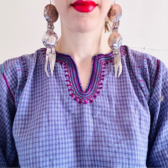 80s VTG Cotton Purple Plaid Mexican Indian Embroidered Skirt Folk Art Skirt Set - Picture 3 of 16